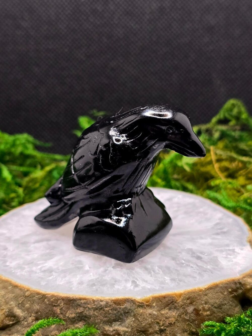 Black Obsidian Crow Raven Crystal Carving 2.5" Bird Figurine Gothic Decor